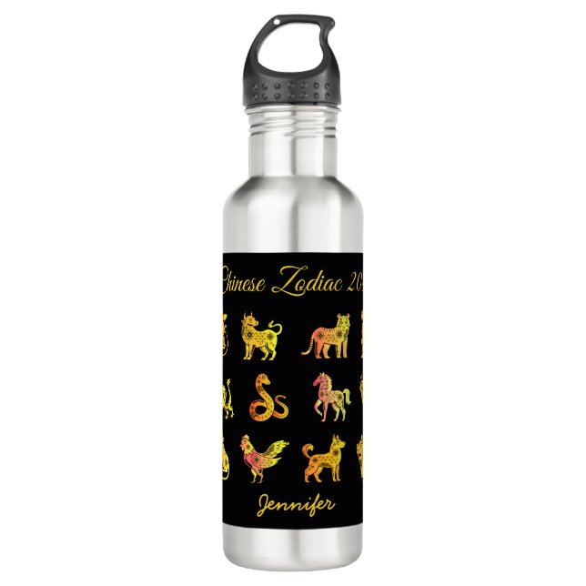 Gold Gradient Chinese Zodiac Animal Black Edelstahlflasche (Vorderseite)