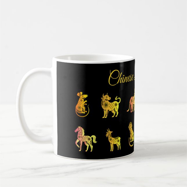Gold Gradient Chinese Zodiac Animal Black Kaffeetasse (Links)