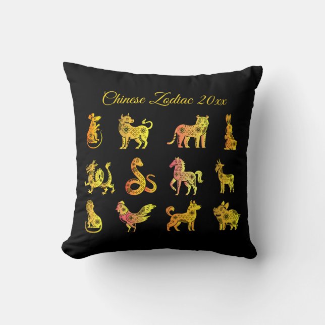 Gold Gradient Chinese Zodiac Animal Black Kissen (Vorderseite)