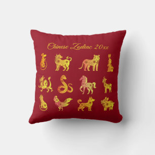 Gold Gradient Chinese Zodiac Animal Red Kissen