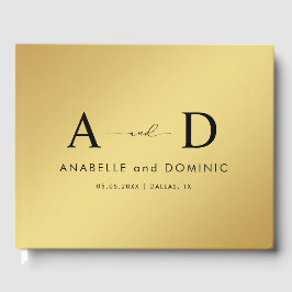Gold Gradient & Monogram Elegante Schwarze Hochzei Gästebuch