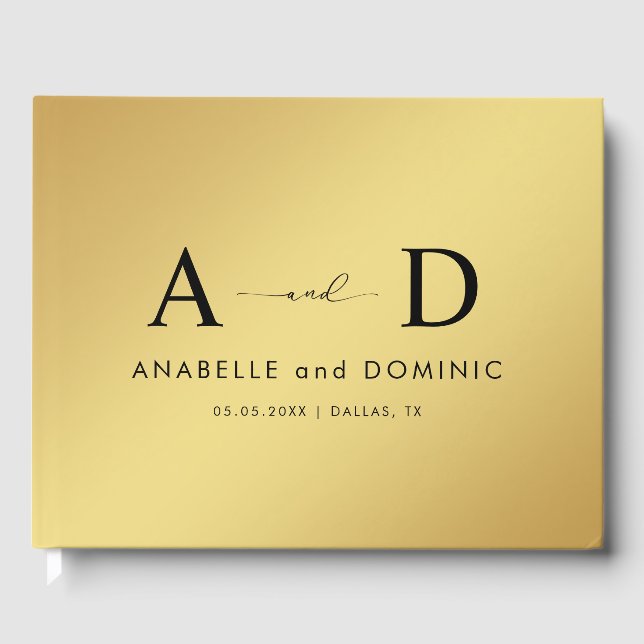 Gold Gradient & Monogram Elegante Schwarze Hochzei Gästebuch (Vorderseite)