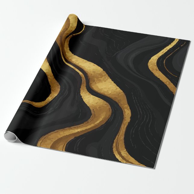 Gold Gradient Swirls on Black Pattern – Luxury Geschenkpapier (Ungerollt)