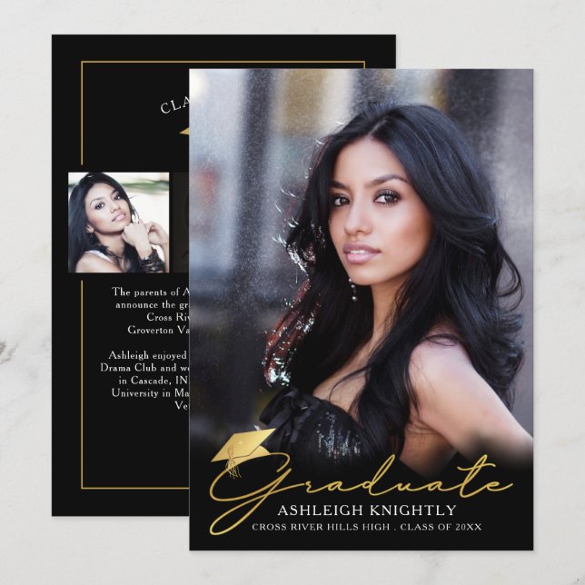 Gold Graduate Handgeschriebenes Script Black 4 Fot Ankündigung (Vorne/Hinten)