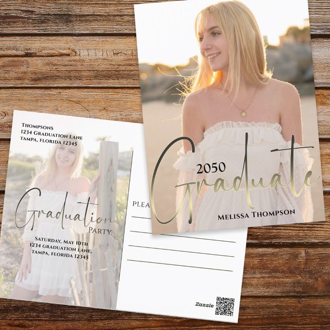 Gold Graduate Script Black Two Vellum Foto Budget Postkarte (Von Creator hochgeladen)