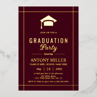 Gold graduation cap Class Of 2026 burgundy Folieneinladung