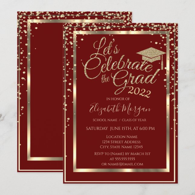 Gold Graduation Cap Diamonds Abschluss Einladung (Vorne/Hinten)