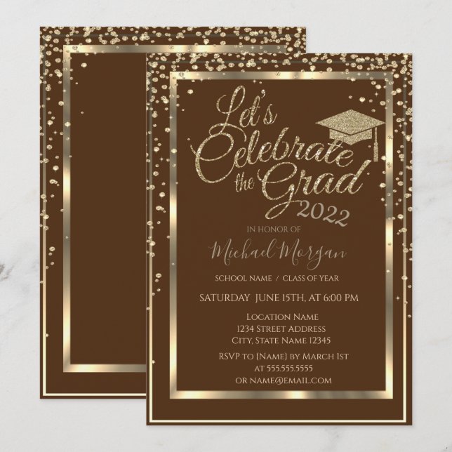 Gold Graduation Cap Diamonds Brown Abschluss Einladung (Vorne/Hinten)