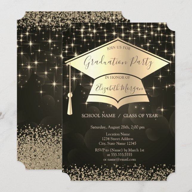 Gold Graduation Cap,Diamonds Stars Abschluss Einladung (Vorne/Hinten)