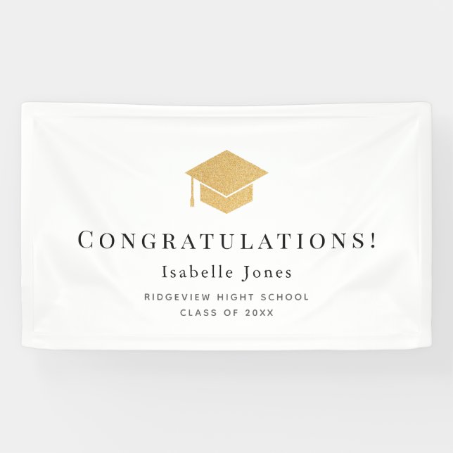Gold Graduation Cap Minimalistisch White Abschluss Banner (Horizontal)