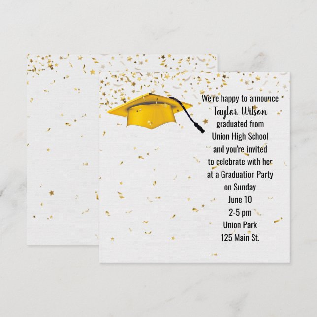 Gold Graduation Cap mit Gold Confetti Einladung (Vorne/Hinten)