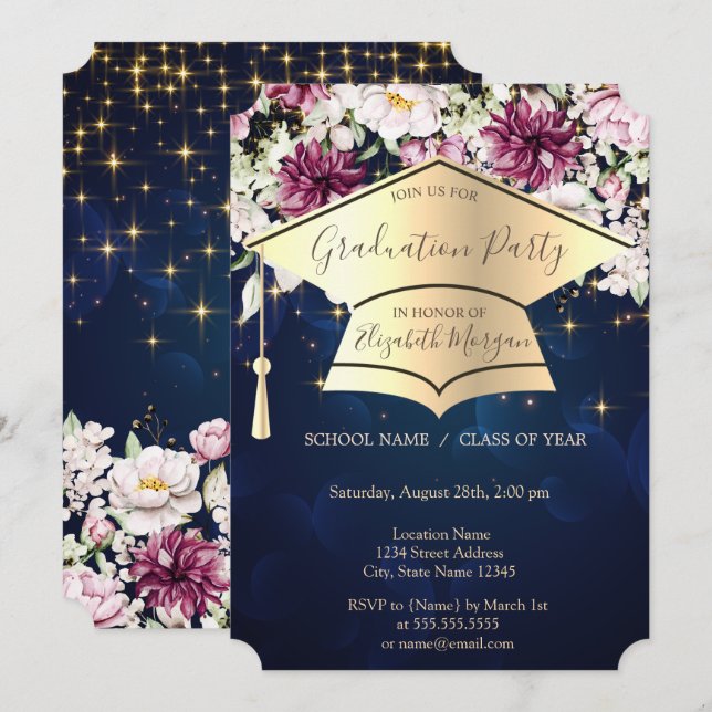Gold Graduation Cap,Stars,Blume Blue Abschluss Einladung (Vorne/Hinten)