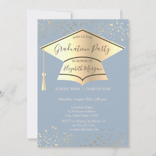 Gold Graduation Cap, Stars Dusty Blue Abschluss Einladung