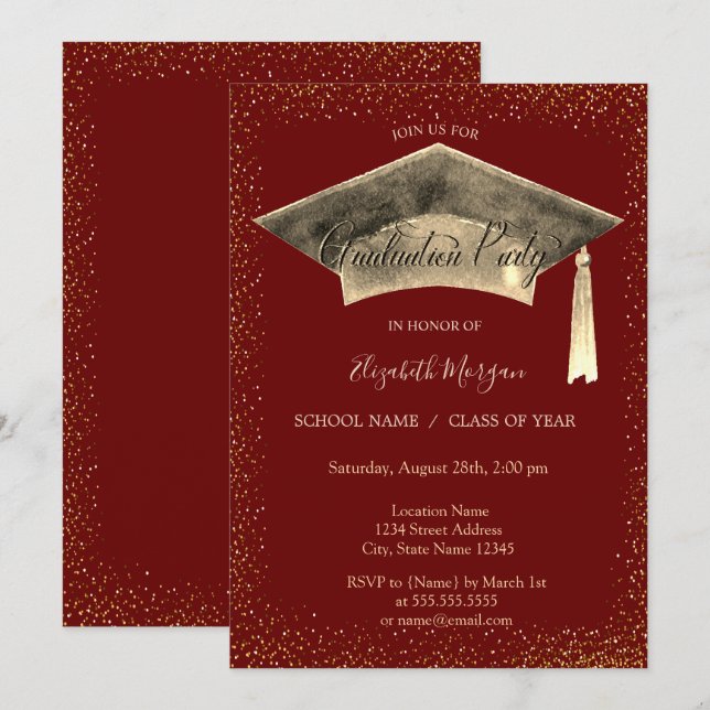 Gold Graduation Cap Tassel Red Abschluss Einladung (Vorne/Hinten)