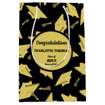 Gold Graduation Caps in Air on Black Fun Party