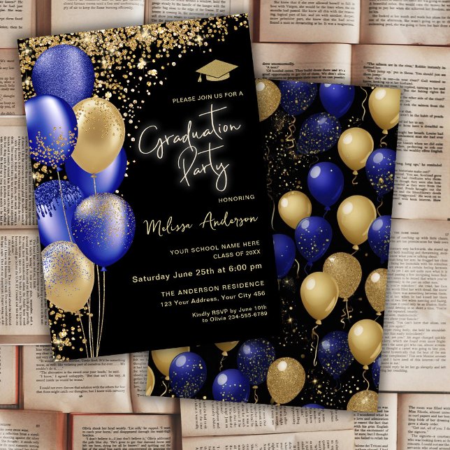 Gold Graduation Party Navy Blue Ballons Einladung (Von Creator hochgeladen)