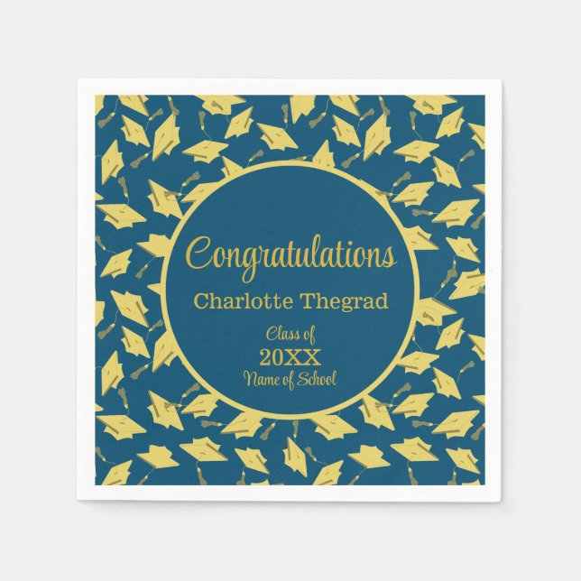 Gold Graduierungsklammern auf blauem Personalisier Serviette (Vorderseite)