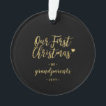 Gold Grandparents First Christmas Photo Ceramic Or Ornament<br><div class="desc">Celebrate the season with this stylish first Christmas photo ornament for the family. This design features modern gold lettering " Our First Christmas" with a cute heart icon. You can add your photo and personalize the text. More holiday gifts and cards are available at my shop BaraBomDesign.</div>
