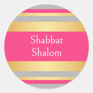 Gold Grau Hot Pink Streifen, Schabbat Schalom Runder Aufkleber
