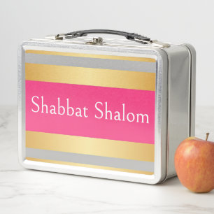 Gold Grau Hot Pink Streifen, Shabbat Schalom Glamo Metall Brotdose