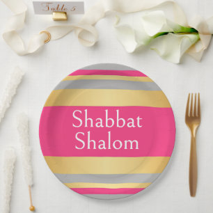 Gold Grau Hot Pink Streifen, Shabbat Shalom Glamou Pappteller
