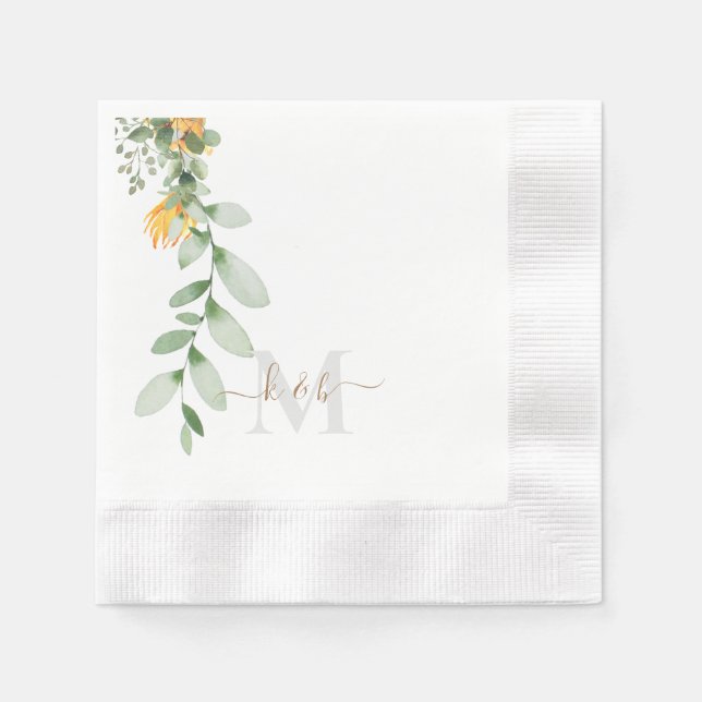 Gold & Grau Monogram Swash Script Sonnenblume Serviette (Vorderseite)