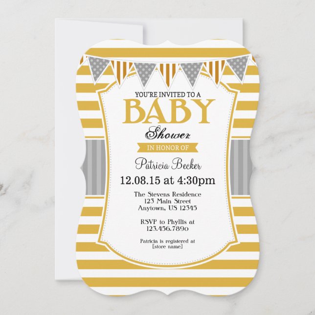 Gold Gray Stripes Kinderdusche Einladung (Vorderseite)