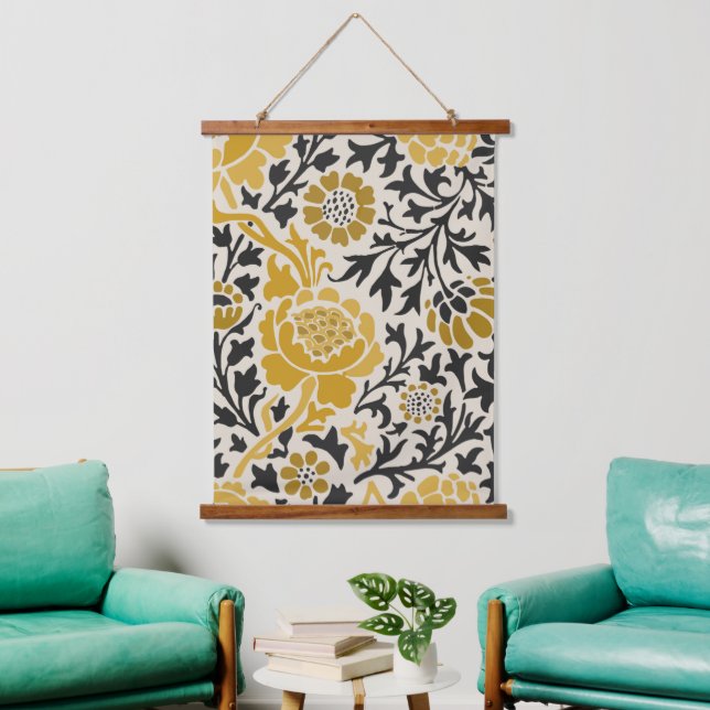 Gold Gray William Morris Floral Wandteppich Mit Holzrahmen (Wohnzimmer)