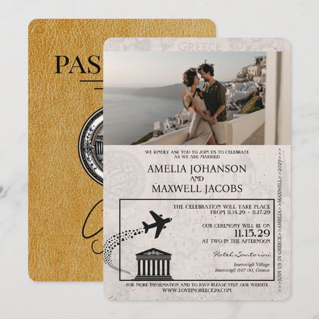 Gold Greece Passport Hochzeitseinladung Einladung (Vorne/Hinten)