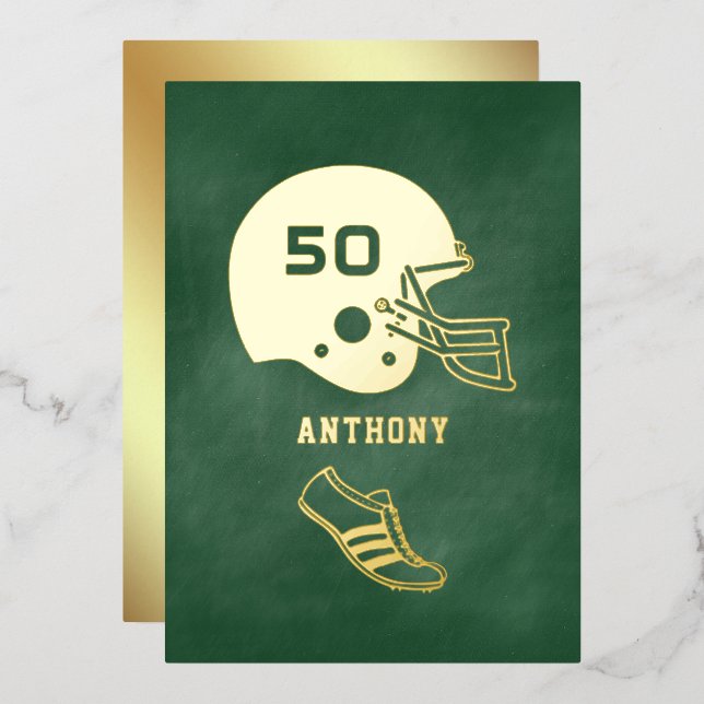 Gold & Green American Football Geburtstagskarte Folieneinladung (Vorderseite/Rückseite)