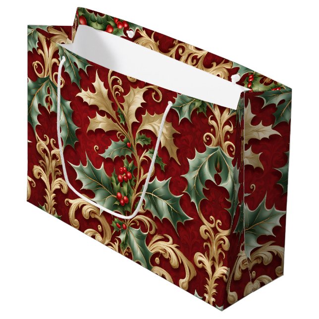 Gold Green Blätter Red Christmas Holiday Geschenkt Große Geschenktüte (Vorderseite Schrägansicht)
