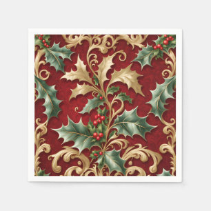 Gold Green Blätter Red Christmas Holiday Napkin Serviette