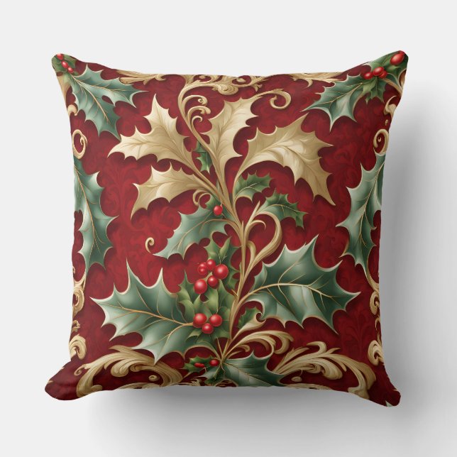 Gold Green Blätter Red Christmas Throw Kissen (Vorderseite)