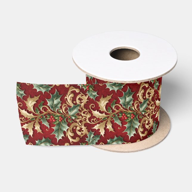 Gold Green Blätter Red Holiday Satin Ribbon Satinband (Spule)