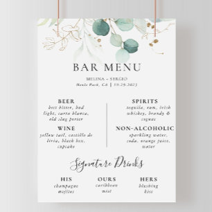 Gold Green Blätter Wedding Bar Menu Poster