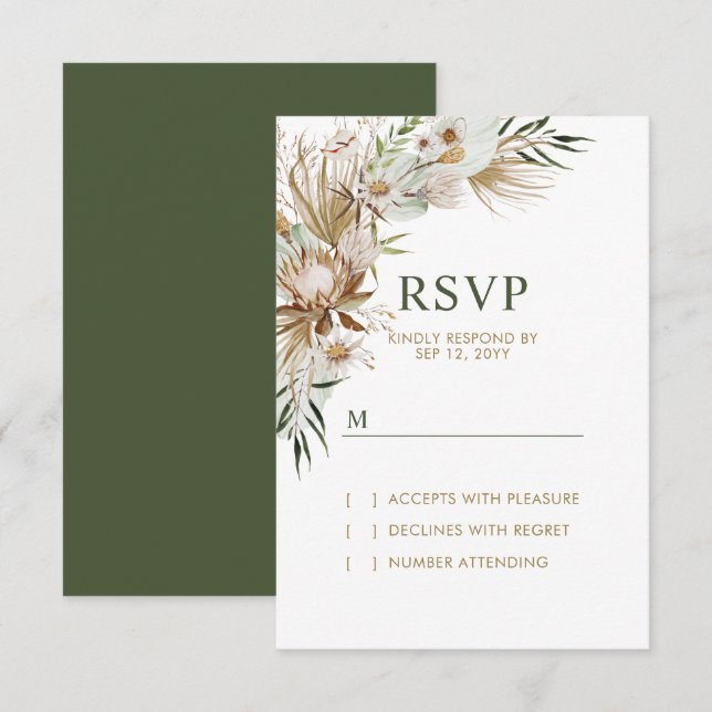 Gold & Green Boho Wedding Response Card RSVP Karte (Vorne/Hinten)