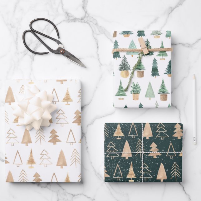 Gold Green Boho Weihnachtsbaumen Trendy Geschenkpapier Set (Vorderseite)