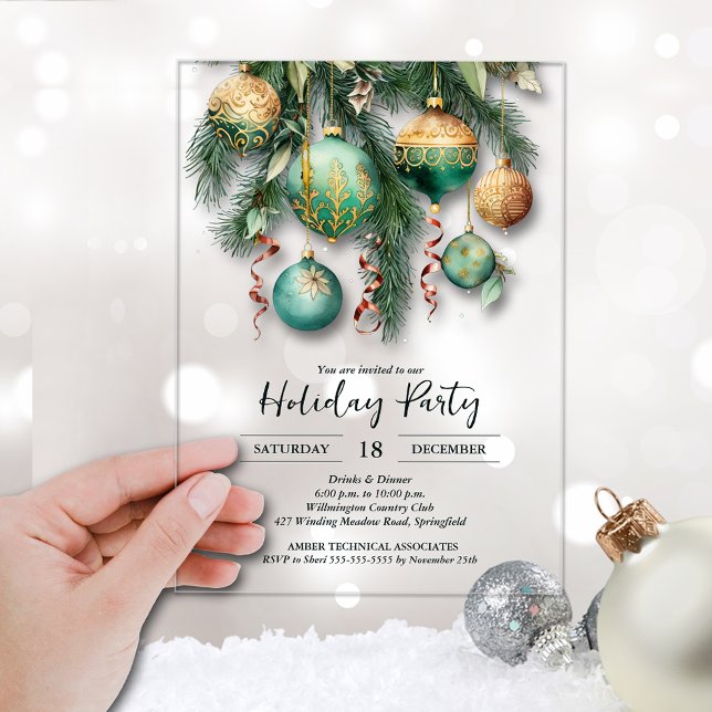 Gold Green Christmas Ornaments Party Acryleinladungen (Gold and green Christmas tree ornaments clear ACRYLIC party invitations)