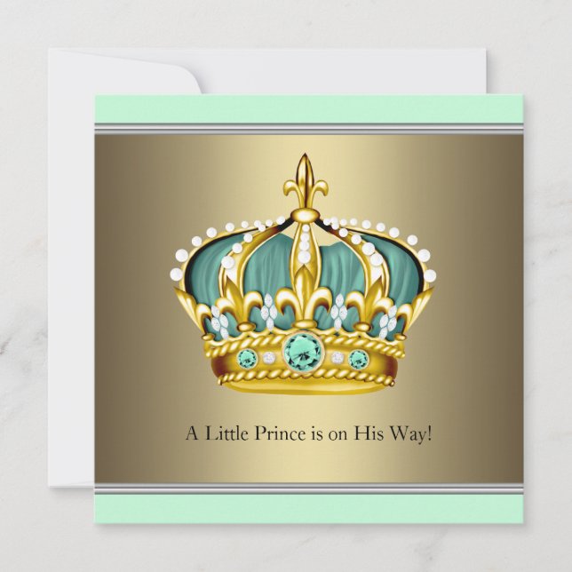 Gold Green Crown Prince Baby Boy Dusche Einladung (Vorderseite)