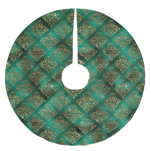 Gold Green Damask Elegantes Chic Weihnachten Polyester Weihnachtsbaumdecke (Vorderseite)