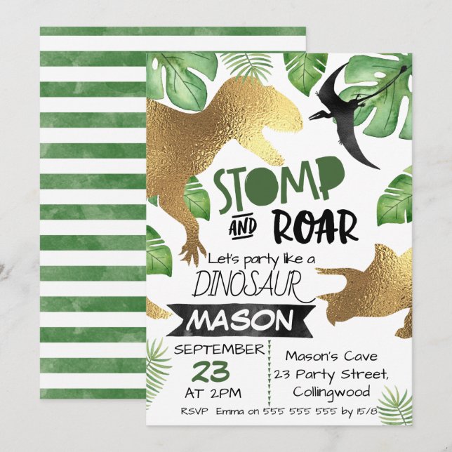 Gold Green Dinosaurier Einladung zum Geburtstag (Vorne/Hinten)