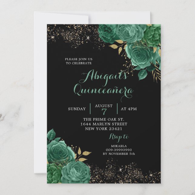 Gold Green Emerald Floral Quinceañera Einladung (Vorderseite)