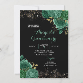 Gold Green Emerald Floral Quinceañera Einladung