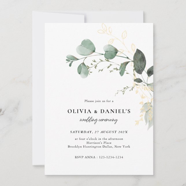 Gold & Green Eucalyptus Minimalist Wedding Einladung (Vorderseite)