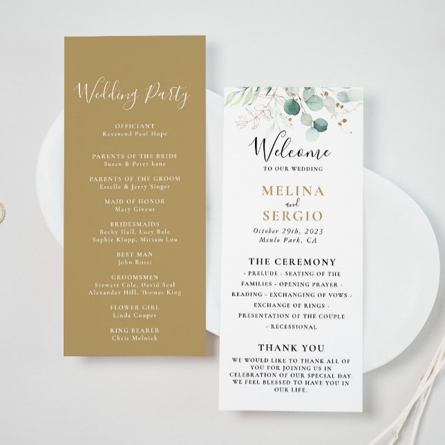 Gold Green Eukalyptus Calligraphy Wedding Program Programm (Von Creator hochgeladen)