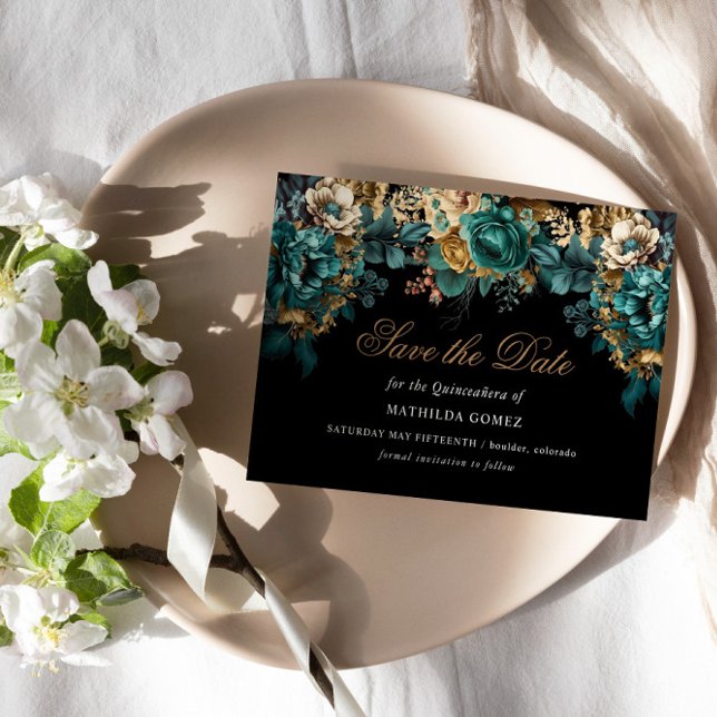 Gold Green Floral Quinceañera Save the Date Einladung (Von Creator hochgeladen)