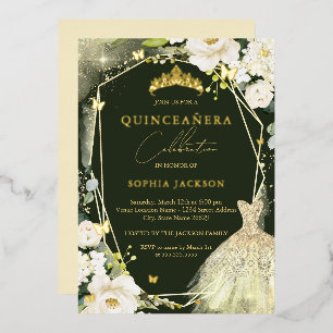 Gold Green Floral Tiara Kleid quinceanera Folieneinladung