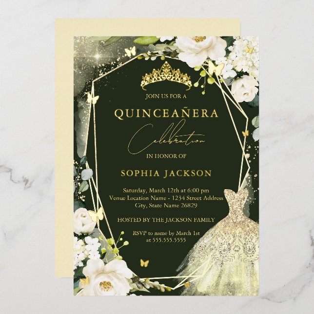Gold Green Floral Tiara Kleid quinceanera Folieneinladung (Vorderseite/Rückseite)