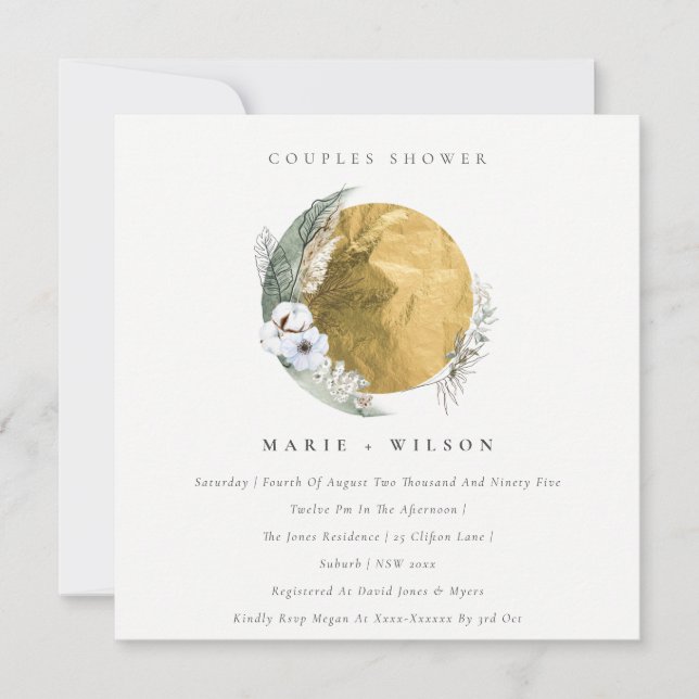 Gold Green Floral Wreath Couples Douche Invitation (Devant)
