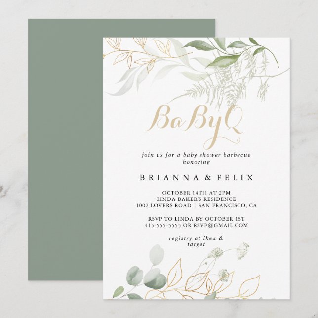 Gold Green Foliage BabyQ Baby Shower Barbecue Einladung (Vorne/Hinten)